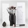 Niré Beauty Set Pennelli Make up Pro, vegani, 15 pz, Nero Argento | kabuki, blush, fondotinta, contouring, ombretto, sopracciglia, spugna, pulitore, porta pennelli, box regalo