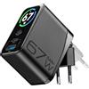 Cellularline PowerView IQ 67W Caricabatterie da Rete con Display TFT, 2 Porte USB-C PD e 1 Porta USB-A 30W, Uscita Simultanea 65W, Tecnologia GaN, Spina Pieghevole