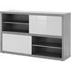 COMPOSAD | Libreria Bassa della Linea PRATICO con 2 Ante Scorrevoli, Mobile Multiuso, Cassettiera Ufficio, (LxAxP) 140x87x35,60 cm, Colore Grigio Cemento e Bianco Laccato, Made In Italy
