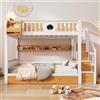 ZYLOYAL10 Letto a castello con scala, lavagna, mensole e cassetto, struttura in pino e MDF, letto per bambini con 4 scompartimenti chiusi nella scala, con griglia di protezione e 2 cassetti, Bianco+Naturale