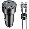 Teknoll - Caricabatterie Rapido 65W - 2 Porte: 1xUSB-C 20W PD + 1xUSB-C 45W PD - Cavo USB-C 1m Incluso - LED Attivo - Ricarica Sicura in Auto - Adatto a Tutti Gli Smartphone, Tablet e Laptop - Nero