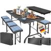 KESSER® Set tenda da birra - Set da 3 pezzi, Tavolo + 2 x Panca, per Interni - Esterni, AxLxP - 73x180x75 cm, Plastica, Set da Giardino in simil Rattan, Pieghevole, Liscio/Nero
