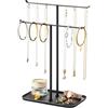 pickpiff Supporto per collane organizer per gioielli - Espositore per gioielli a 2 livelli con barra a T con vassoio per piano di lavoro, collane, bracciali, orecchini, cassettiera da bagno, nero