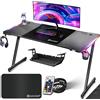 KESSER® Scrivania da Gioco LED - 180 x 80 cm, Scrivania a forma di Z, Gancio per Cuffie e Rivestimento in Carbonio, Ergonomica per PC, con Portabicchieri, Nero Carbonio