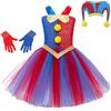 YOGLY Bambina Pomni Clown Costume con Copricapo Guanti Cosplay Circo Pomni Tulle Tutu Vestito per Carnevale Halloween Festa Mascherata Fancy Gioco di ruolo Costume, 3-12 anni