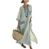 Generico Abito Donna Estivo Lungo Kaftano Elegante in Lino, Vestito Maxi Boho Chic con Scollo a V e Tasche, Abbigliamento Mare Spiaggia e Vacanza, Taglio Morbido Oversize Traspirante e Comodo