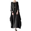 ORANDESIGNE Abiti Lungo Donna Manica 3/4 in Cotone e Lino Maxi Vestiti Girocollo Tinta Unita Casual Abito Caftano Boho Allentato Abito Spiaggia Bikini Cover Up Taglie Forti A Nero XS