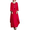 ORANDESIGNE Abiti Lungo Donna Manica 3/4 in Cotone e Lino Maxi Vestiti Girocollo Tinta Unita Casual Abito Caftano Boho Allentato Abito Spiaggia Bikini Cover Up Taglie Forti B Rosso S
