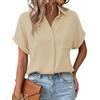 Cicy Bell Camicetta estiva da donna a maniche corte, in cotone, scollo a V, con bottoni, casual, basic, con tasca sul petto, beige., XXL