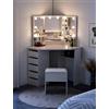TUKAILAi Toeletta con Specchio Tre Lati, Toeletta da Trucco Moderno con Luci LED y Sgabello, Tavolo da Trucco Angolare Bianco con 5 Cassettis e 2 Mensole Aperte 114 * 61 * 140cm Camere da Letto