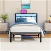HOMERECOMMEND Letto 90 x 200 cm, con rete a doghe in metallo, struttura del letto 90 x 200 cm, con illuminazione a LED, letto in metallo con presa e 2 cavi di ricarica USB, letto in metallo con testiera in legno