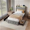 JiaOyu Letto singolo 90 x 200 cm, letto moderno imbottito con illuminazione a LED, funzione di ricarica USB, letto con 2 cassetti e rete a doghe, per giovani, con schienale, senza materasso (grigio +
