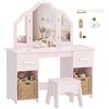 AIYAPLAY Toeletta Trucco Bambina 2 in 1 con Sgabello e Specchio 3 Ante Rosa | Specchio Rimovibile, Scrivania Specchiera Trucco, 2 Cassetti, 2 Armadietti, Accessori, Postazione Trucco in Legno, Cameretta