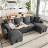 Muskel Divano angolare a forma di U in ciniglia, 280 x 137 cm, con 2 posti e due chaise longue, divano con vano portaoggetti e 2 cuscini, moderno divano modulare per soggiorno, grigio