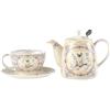 London Pottery Set di teiera in porcellana Bone China, set da tè Aternoon per una persona, con teiera, tazza e piattino con motivo animale (gatto)