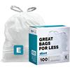 Plasticplace Custom Fit Trash Bags, Compatible with simplehuman Code E (100 Count) White Drawstring Garbage Liners 5.2 Gallon / 20 Liter, 18.5 x 20