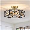 Qamra Lampada a Soffitto Vintage Nera e Oro 3 Luci E27, Stile Industriale Semincassata, Struttura in Metallo, Design a Gabbia Moderno per Cucina, Ingresso, Camera da Letto, Soggiorno