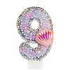 mciskin Candele a forma di coda di sirena per 9° compleanno, con numero 9 con paillettes rosa e conchiglia, candele per torta con perle rosa e viola, per ragazze, decorazioni per feste di compleanno a tema