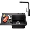 CECIPA Lavello Cucina 1 Vasca in Granito Nero - 65x45 cm con Rubinetto Estraibile, Vasca Singola con Sifone e Gruppo di Scarico