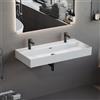 Aqua Bagno lavabo doppio 100 cm bianco - lavabo rettangolare in ceramica con due fori per rubinetto, montaggio a parete o su mobile bagno, design moderno, superficie resistente e facile da pulire