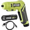 Ryobi Avvitatore a Batteria 4V, 1 Batteria al Litio 2.0Ah + Cavo Caricatore, Impugnatura Orientabile ed Ergonomica, 200 giri/min, Include 2 Punte per Avvitamento da 25 mm, RSDP4-120G