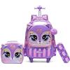 Egchescebo Zaino con Rotelle Bambina Occhi Grandi Animali Righe Trolley Zainetto Asilo Scuola Elementare Primaria Borsa Pranzo Portamatite Carrello Valigia Ragazza per Valigia da Viaggio Viola