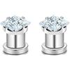 Tolldek Set di 2 orecchini da 3 mm a 12 mm, con zirconi quadrati, tunnel da uomo, in acciaio inox bianco, per donne, Acciaio inossidabile, Zirconia cubica