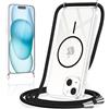Knrlqim Magnetica Cover per iPhone 15 con Cordino, Compatibile con Magsafe,Trasparente Custodia con Laccio Collana Tracolla Collo Corda Regolabile,Silicone Antiurto Case Protettiva,Nero