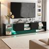 OLIVIBED Mobile base per TV con vano portaoggetti, tavolo TV con 2 ante e ripiano in vetro, mobile porta televisione per televisori fino a 85 pollici, mobile laterale per TV per soggiorno, nero, 200 x