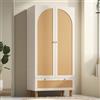 Moimhear Armadio guardaroba 180,5 x 52 x 85,5 cm, con 2 ante e rattan, bianco+colore legno, con cassetto, ripiani regolabili in altezza e asta appendiabiti