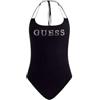 GUESS Costume Intero da Donna con Logo Strass, Nero Jet Black, Halter con Laccetti, Imbottitura Estraibile, 95% Poliestere 5% Elastan, Taglia XS
