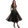 Ever-Pretty Vestito Donna Elegante Collo Rotondo Maniche Corte Paillente Midi Gonna Svasata Oro Nero 44