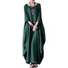 ORANDESIGNE Abiti Lungo Donna Manica 3/4 in Cotone e Lino Maxi Vestiti Girocollo Tinta Unita Casual Abito Caftano Boho Allentato Abito Spiaggia Bikini Cover Up Taglie Forti A Verde XL