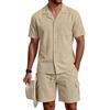 Generisch Set estivo in lino da uomo, in cotone, 2 pezzi, camicia e pantaloncini, tinta unita, a maniche corte, con risvolto, camicia e pantaloni corti, tuta estiva, cachi, S