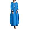 ORANDESIGNE Abiti Lungo Donna Manica 3/4 in Cotone e Lino Maxi Vestiti Girocollo Tinta Unita Casual Abito Caftano Boho Allentato Abito Spiaggia Bikini Cover Up Taglie Forti B Blu XS