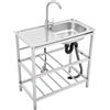 QTREIDG Lavello in acciaio inox, 2 vasche indipendente con piano di lavoro, 2 ripiani, per esterni, da giardino, con rubinetto, per campeggio, balcone, 75 x 40 x 78 cm