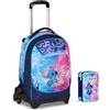 PRESTIGE & DELUXE Trolley Scuola Seven 3 Ruote - Stitch Cute And Fluffy - Scuola Elementare Bambina + Astuccio 3 piani cancelleria + 7 penne cancellabili, portachiave Stitch e set scrittura in bicchiere