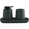 MSV Set da bagno, 3 pezzi, accessori da bagno in ceramica Maonie, dispenser per sapone e portasapone, contenitore per gioielli e bicchiere per spazzolino da denti, colore verde scuro