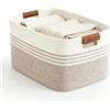 VETOLAKA Cesto portabiancheria intrecciato, 45 x 35 x 27 cm, in corda di cotone da 45 l, con manici in pelle, per coperte, vestiti, giocattoli, cesta da soffitto per camera da letto, soggiorno, cameretta dei
