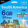 TSIM Sud America eSIM 30 giorni | 6 GB 5G/4G/LTE Internet | Hotspot consentito | utilizzabile in Brasile, Cile, Colombia, Perù, Uruguay e Costa Rica | eSIM in 24 ore