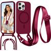 Pnakqil Magnetica Cover con Cordino per iPhone 15 Pro Max, Silicone Case con Laccio per Collo Cellulare Custodia, Antiurto Protettiva Case con Regolabile Nylon Corda Collana Tracolla, Rosso