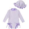 WYTbaby Abbigliamento Uv per Bambine, Costume intero a maniche lunghe per bambine, motivo hawaiano, con ruche, abbigliamento da bagno Uv per ragazze, 0-24 mesi, Viola a righe, 3-6 Mesi