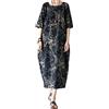 ORANDESIGNE Abiti Lungo Donna Manica 3/4 in Cotone e Lino Maxi Vestiti Girocollo Tinta Unita Casual Abito Caftano Boho Allentato Abito Spiaggia Bikini Cover Up Taglie Forti C Marina XL