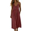 Lovraj Abito estivo midi da donna con spalline, linea ad A, in cotone, scollo a V, stile boho, abito da spiaggia, tinta unita, spalline a spaghetti, abito midi casual con tasche, Colore: rosso, L