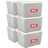Cetomo 80L*6 Scatole di Stoccaggio con Coperchi, Contenitori in Plastica con Ruote, Clip On, Impilabili, Incastonabili, Organizzatore a Righe per Casa Ufficio, Grigio, 80L-6 Pezzi