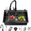 MWIDCIEW Lavello Cucina in Acciaio Inox 75 cm, Lavello da Incasso a 3 Fori con 1 Vasca, Set Completo con Rubinetto Estraibile, Lavabicchieri e Kit di Scarico (Grigio Scuro, 75 x 45 cm)