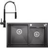 CECIPA Lavello nero 75 x 45 cm, lavello da cucina in acciaio inox, per 80 cm di larghezza, lavello con erogatore di sapone e set di troppopieno, 2 vasche da incasso con rubinetto cucina estraibile