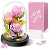 Touloube Regalo di San Valentino Per Mamma Nonna, Fiore Rosa Regalo per Lei - 3 Rose di Seta Rosa con Luce a LED in Una Cupola di Vetro per la Festa Della Mamma, Compleanno, Anniversario,Fiore Rosa Regalo