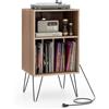 GIANTEX Scaffale per Giradischi a 3 Livelli, Stand per Giradischi Domestico con Stazione di Ricarica, Tavolo Porta Dischi in Vinile con Mensola e 4 Divisori, Scaffale Espositivo (Noce)