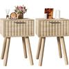 YMYNY Set di 2 Comodini, Tavolino in Legno, Cassetti decorati in ondulata, Maniglia magnetica, Gambe di legno massiccio, Catena di fissaggio, per Camera da Letto, Naturale HST014R-2